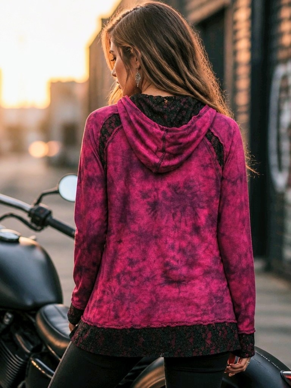 Harley-Davidson Women's Burgundy Zip Hoodie with Black Lace Trim - Picture 9 of 9